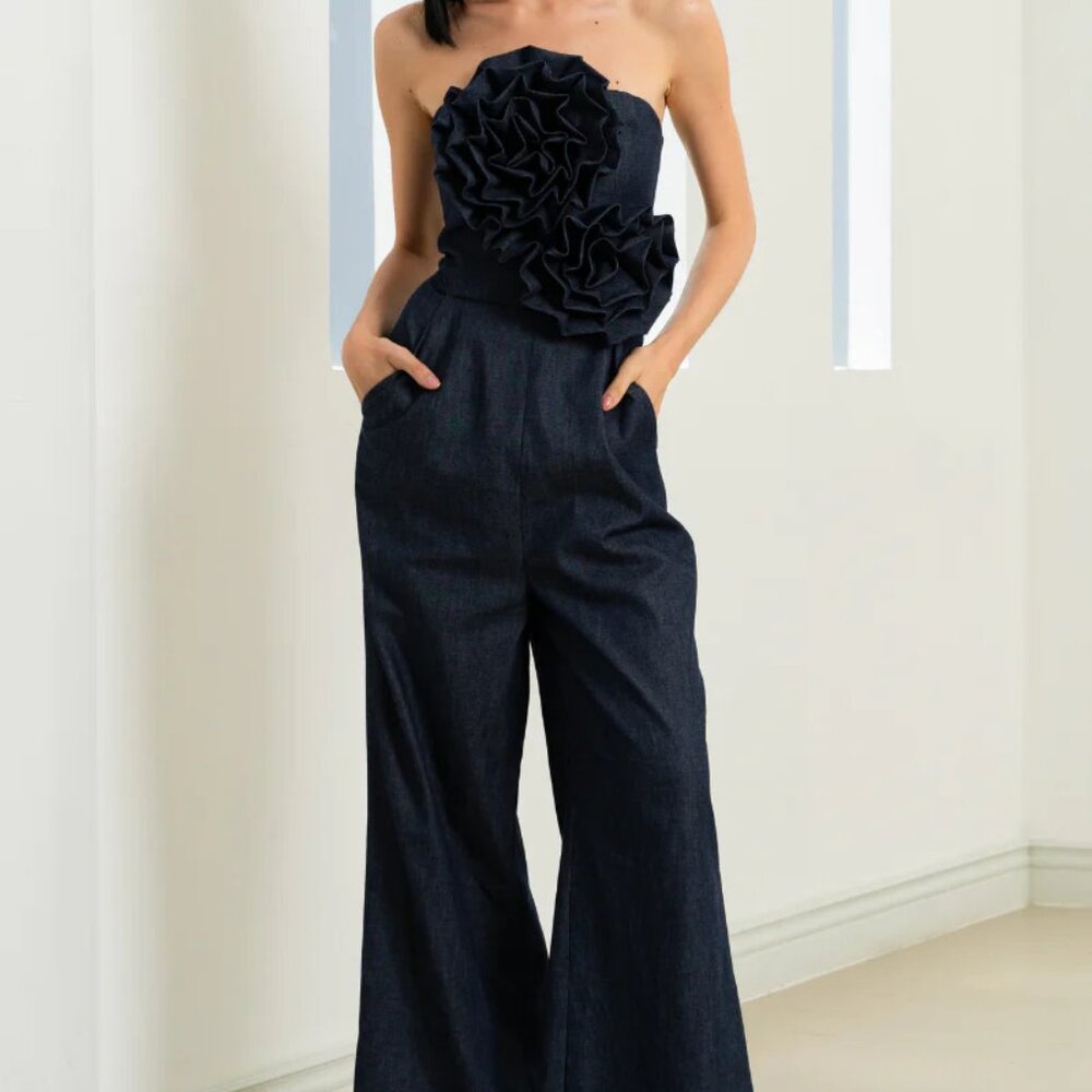 Yumi Kim Black Strapless Wide-Leg Jumpsuit with Floral Appliqué